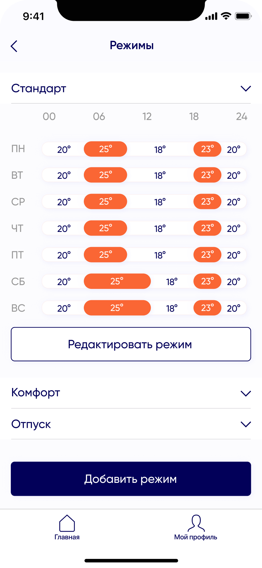 Сторінка Режими в застосунку GPO Smart Heating